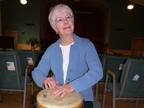 Wendy Carroll facilitates a drumming circle at the Unitarian Centre the first Sunday of each month. The circle is open to the entire community. Photo by Darlene Polachic