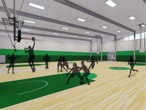 A rendering of the new basketball practice courts for the University of Saskatchewan as part of the Merlis Belsher Place to be built next to the Saskatoon Field House.