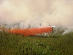 A water bomber drops fire retardant on a forest in the La Ronge, Sask. in 2015.