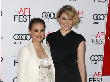 Natalie Portman (L) and Greta Gerwig attend a screening of Fox Searchlight Pictures's "Jackie" in Hollywood, California, November 14, 2016.