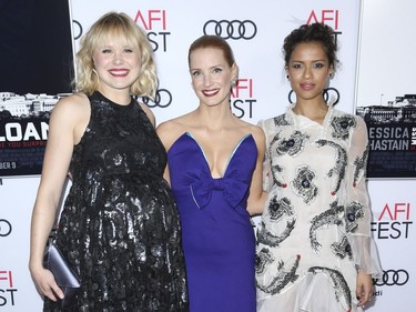 L-R: Alison Pill, Jessica Chastain and Gugu Mbatha-Raw arrive at the world premiere of "Miss Sloane" during the AFI Fest at the TCL Chinese 6 Theatres on November 11, 2016, in Los Angeles, California.