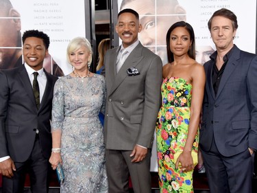 L-R: Jacob Latimore, Helen Mirren, Will Smith, Naomie Harris and Edward Norton attend the "Collateral Beauty" world premiere at Frederick P. Rose Hall, Jazz at Lincoln Centre on December 12, 2016 in New York City.
