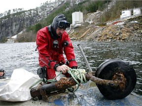 Rob Rondeau in Norway with the recovered tailwheel from a Beaufighter plane, shot down on Black Friday in 1945.