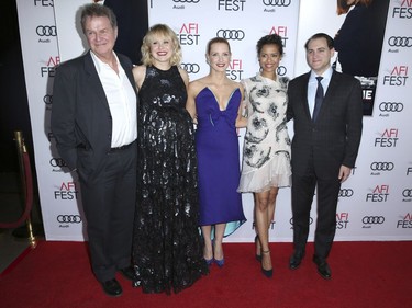 L-R: Director John Madden, Alison Pill, Jessica Chastain, Gugu Mbatha-Raw and Michael Stuhlbarg arrive at the world premiere of "Miss Sloane" during the AFI Fest at the TCL Chinese 6 Theatres on November 11, 2016, in Los Angeles, California.