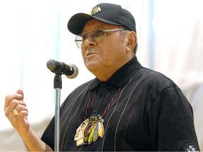 Fred Sasakamoose, the first aboriginal player in the NHL, speaks at the Sports For Life youth conference in Regina in 2011.