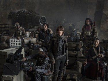 L-R: Riz Ahmed, Diego Luna, Felicity Jones, Jiang Wen and Donnie Yen star in "Rogue One: A Star Wars Story."