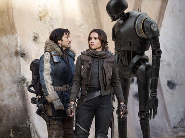 L-R: Diego Luna, Felicity Jones and Alan Tudyk star in "Rogue One: A Star Wars Story."