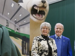Ron and Jane Graham were marched out into the spotlight with an accompanying smoke show, and rightfully so, unveiling the rendering from their $4-million donation for further development of the Merlis Belsher Place Complex by adding NBA style practice gyms, December 8, 2016. (GordWaldner/Saskatoon StarPhoenix)