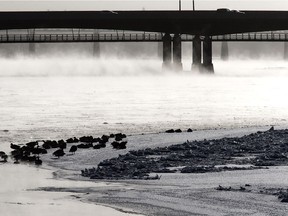 Not sure what these geese are waiting for but a lot of people will be heading south now that Saskatoon is caught in a deep freeze, December 8, 2016.