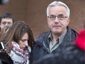 Lou Van de Vorst, speaking to the media outside Saskatoon provincial court