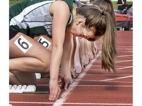 "On Your Mark" for the senior girls 60-metre racers at the Saskatoon High School Track and Field Championships at Griffiths Stadium, May 25, 2016.