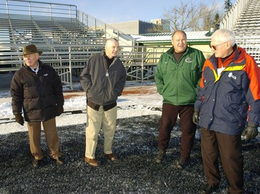 Brian Towriss (second from right) meets Friday at Griffiths Stadium with some Huskie alumnis, including (left to right) Terry Gordon, Mike Regush and Ken Sauer, in Nov, 2006 prior to the Huskie practice preparing for Saturday's Vanier Cup. Alumni from the team were having a reunion. (Greg Pender/Saskatoon StarPhoenix)