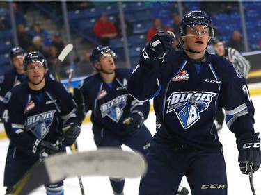 Saskatoon Blades' Braylon Shmyr celebrates his goal in the first period of action against the Moose Jaw Warriors at SaskTel Centre in Saskatoon on December 11, 2016.