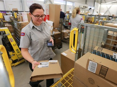 Canada Post employee Sara Ponchuk sorts parcels during their busiest day of the year at the East Depot in Saskatoon on December 12, 2016.