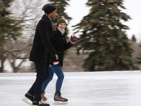 Kojo Anaman and Maria McKee enjoy an afternoon skate at the Meewasin Skating Rink now that the weather has warmed up in Saskatoon, December 19, 2016.