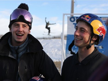 Olympic medalist Mark McMorris and his brother Craig McMorris, member of the Canadian national snowboarding team in slopestyle, chat with media at Diefenbaker Park in Saskatoon on December 21, 2016.