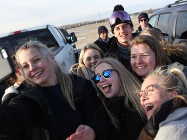 Olympic medalist Mark McMorris takes a group selfie with adoring fans at Diefenbaker Park in Saskatoon on December 21, 2016.