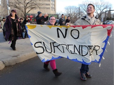 A group of 35 people walked from Midtown Plaza to the bottom of the Broadway Bridge during a Standing Rock solidarity protest in Saskatoon on December 4, 2016.