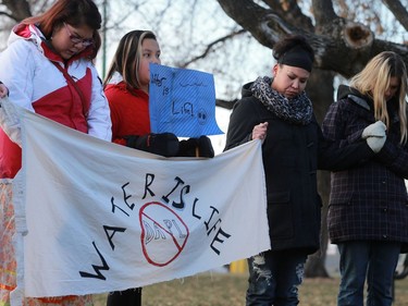 A group of 35 people walked from Midtown Plaza to the bottom of the Broadway Bridge during a Standing Rock solidarity protest in Saskatoon on December 4, 2016.