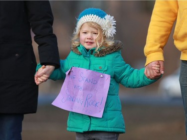 Four-year-old London Holcomb joined her mom Tara Holcomb in the Standing Rock solidarity protest in Saskatoon on December 4, 2016.