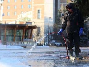Creating a great winter city goes beyond a few outdoor amenities such as the skating rink in Meewasin. Here Devin Ostlund fills up the rink on a cold December morning.