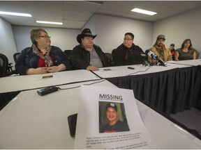 Chief Heather Bear; dad Ron Lachance; cousin Arliss Coulineur, brother Leonard Coulineur, and Carolyn Lachance at a news conference at FSIN Friday, December 02, 2016 to ask for help in locating his Ryan Coulineur, who has been missing since Nov. 25 (GREG PENDER/STAR PHOENIX)