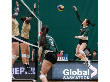 University of Saskatchewan Huskies women's volleyball middle blocker #7 Emily Koshinsky hits the ball against the University of Manitoba Bisons during CIS Women's Volleyball action in Saskatoon, December 3, 2016.