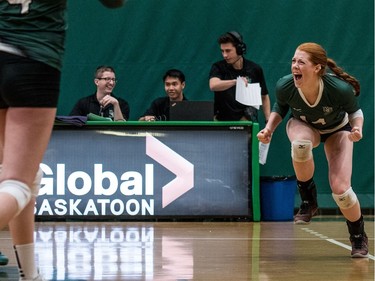 University of Saskatchewan Huskies women's volleyball setter Mackenzie Pek celebrates against the University of Manitoba Bisons during CIS Women's volleyball action in Saskatoon, December 3, 2016.