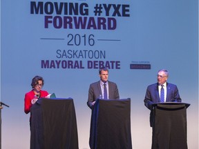 SASKATOON,SK-- October 11/2016  1012 news debate --- StarPhoenix editor Heather Persson, left, moderates a debate with Saskatoon mayoral candidates, left to right, Kelley Moore, Charlie Clark,  Don Atchison,  and Devon Hein during the Saskatoon StarPhoenix mayoral debate at the Broadway Theatre, Tuesday, October 11, 2016.  (GREG PENDER/STAR PHOENIX)