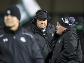 SASKATOON,SK-- October 14/2016 1015 sports huskies football ----- Coach Brian Towriss of the University of Saskatchewan Huskies, centre, on the sidelines at Griffiths Stadium, Friday, October 14, 2016.