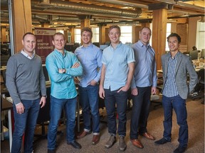 SkipTheDishes Restaurant Services Inc. has been acquired by the U.K. firm Just Eat for $110 million in cash and stock. Left to right: Just Eat Canada Country Manager Howard Migdal, SkipTheDishes co-founders Jeff Adamson, Chris Simair, Joshua Simair, Dan Simair and Andrew Chau in Winnipeg.