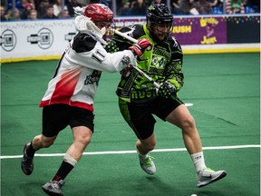 The Saskatchewan Rush battling the Calgary Roughnecks during the Christmas showdown on Dec. 16, 2016. Ben McIntosh. Greg Harnett.