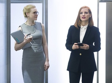 Alison Pill (L) and Jessica Chastain star in "Miss Sloane."