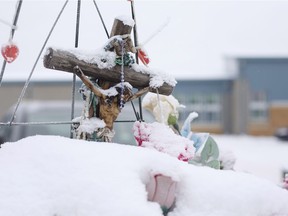 A permanent memorial sits in front of the community school where shootings took place in La Loche, Sask, on Monday January 9, 2017.