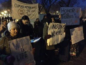 Anti-pipeline protesters demonstrate outside Prime Minister Justin Trudeau's town hall at the University of Saskatchewan in Saskatoon. Jonathan Charlton photo