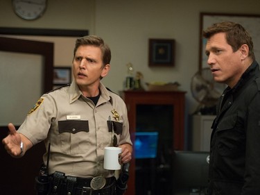 Barry Pepper (L) and Holt McCallany star in "Monster Trucks."