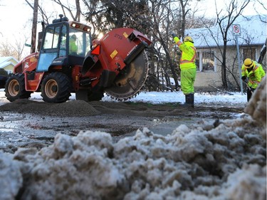 City of Saskatoon crews are cleaning up and repairing a significant water main break near the intersection of Duchess Street and Third Avenue North in Saskatoon on January 16, 2017.