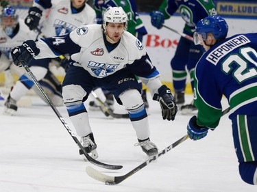 Saskatoon Blades' Jesse Shynkaruk blocks a shot during first period action against the Swift Current Broncos at SaskTel Centre in Saskatoon on January 22, 2017.