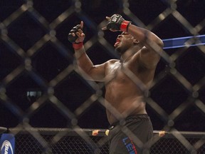UFC heavyweight fighter Derrick Lewis celebrates after knocking out Viktor Pesta in the third round during their UFC 192 mixed material arts bout at MMA UFC 192 on Oct. 3, 2015 in Houston, Texas