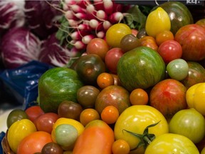 Green, yellow, red and brown heritage tomatoes (Catherine Sharman photo)