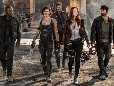 L-R: Fraser James, Milla Jovovich, William Levy, Ali Larter, and Eoin Macken star in "Resident Evil: The Final Chapter."