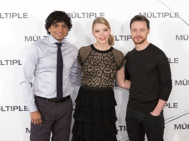 L-R: M. Night Shyamalan, Anya Taylor-Joy and James McAvoy attend the photo call for "Split" at Hotel Villamagna in Madrid, Spain, January 12, 2017.