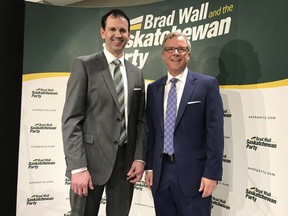 Premier Brad Wall congratulates newly chosen Sask Party nominee Brent Penner, who will be running in the Saskatoon Meewasin byelection.