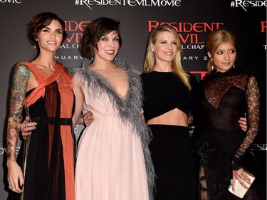 L-R: Actors Ruby Rose, Milla Jovovich, Ali Larter and Rola arrive at the premiere of Sony Pictures Releasing's "Resident Evil: The Final Chapter" at the Regal L.A. Live Theatres on January 23, 2017 in Los Angeles, California.