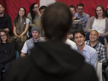 Prime Minister Justin Trudeau listens to a question as he speaks with the public in a lecture hall at the Health Sciences Building on the University of Saskatchewan campus in Saskatoon, January 25, 2017.