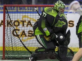 SASKATOON, SASK--APRIL 02 2016 0404 Sports Rush-   Saskatchewan Rush goalie Aaron Bold makes a save against the Calgary Roughnecks in NLL action on Saturday, April 2nd, 2016. (Liam Richards/Saskatoon StarPhoenix)