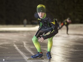 Saskatoon speed skater Marco Schumann at Clarence Downey Oval in Saskatoon. (Gord Waldner/The StarPhoenix)