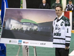 University of Saskatchewan alumnus Merlis Belsher announces he is donating $12.25 million to build a new rink facility for the U of S in Saskatoon on Oct. 13, 2016. The facility will be named after him. (GORD WALDNER/The StarPhoenix)