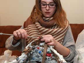 Alyssa Scheffler is crocheting plastic bags together to make sleeping mats for the homeless in Saskatoon on January 10, 2017. (Michelle Berg / Saskatoon StarPhoenix)