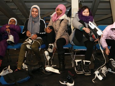 Newcomers lace up for their first time on the ice with the Saskatoon Blades during their "Welcome the World" event at SaskTel Centre on Jan. 22, 2017.